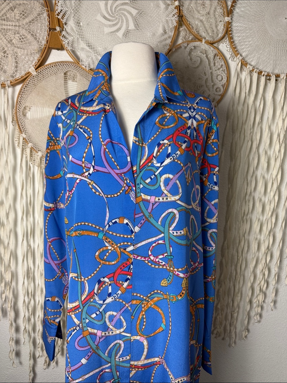 Catherine Gee NWT Daria Silk Shirt Dress in Blue Belt Size Large - Picture 3 of 14